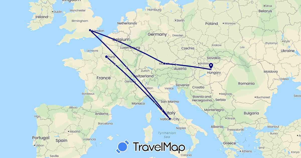 TravelMap itinerary: driving in Germany, France, United Kingdom, Hungary, Italy (Europe)